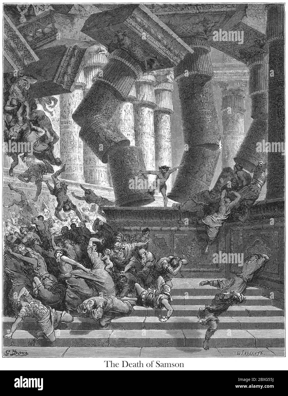Death of Samson [Let me die with the Philistines!] Judges 16:30 From the book 'Bible Gallery' Illustrated by Gustave Dore with Memoir of Dore and Descriptive Letter-press by Talbot W. Chambers D.D. Published by Cassell & Company Limited in London and simultaneously by Mame in Tours, France in 1866 Stock Photo