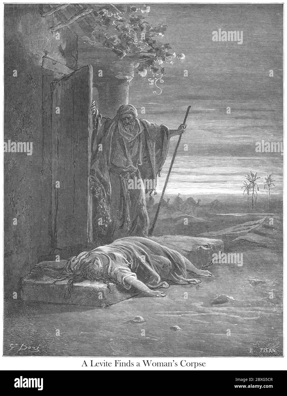 The Levite Finding the Corpse of his Woman Judges 19:25-27 From the book 'Bible Gallery' Illustrated by Gustave Dore with Memoir of Dore and Descriptive Letter-press by Talbot W. Chambers D.D. Published by Cassell & Company Limited in London and simultaneously by Mame in Tours, France in 1866 Stock Photo