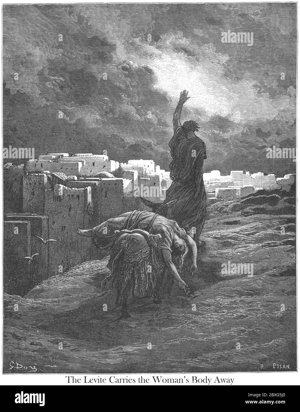 The Levite Bearing Away the Body of his Woman Judges 19:30 From the book 'Bible Gallery' Illustrated by Gustave Dore with Memoir of Dore and Descriptive Letter-press by Talbot W. Chambers D.D. Published by Cassell & Company Limited in London and simultaneously by Mame in Tours, France in 1866 Stock Photo