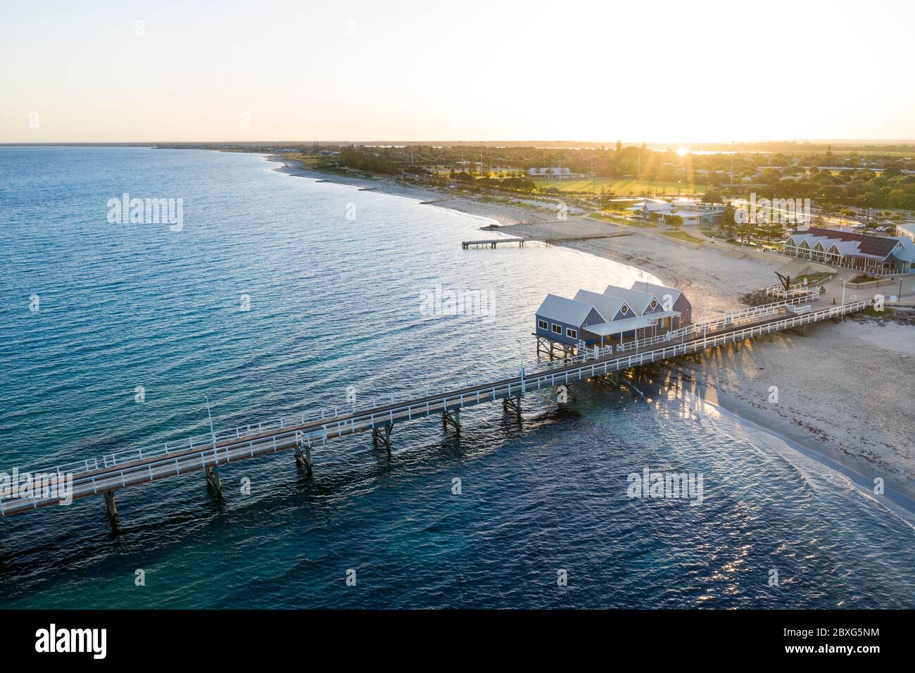 Busselton Western Australia November 8th 2019 : Aerial sunrise view of the huts at the start of the Busselton Jetty; Busselton is located 220 km south Stock Photo