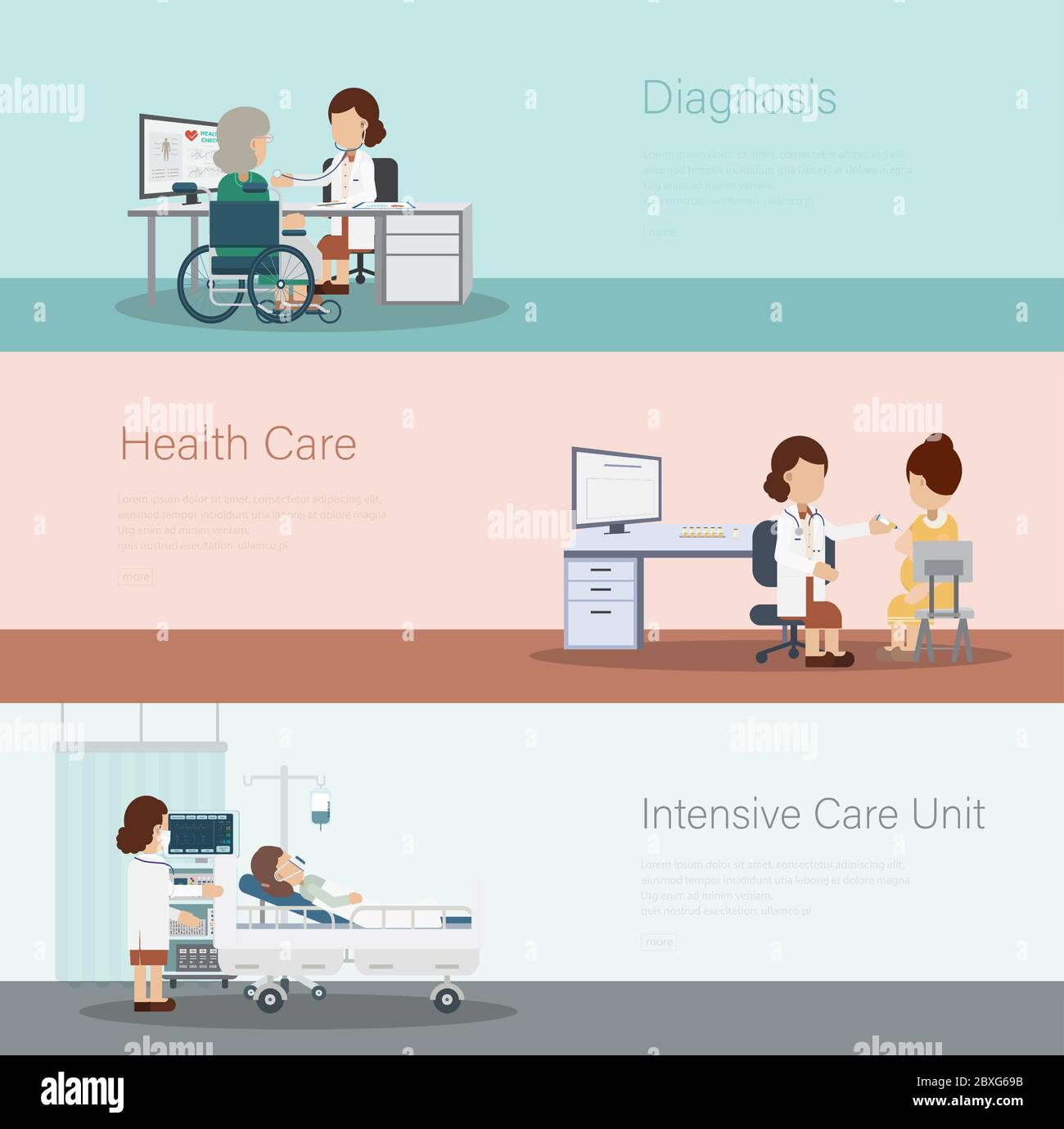 Set of medical banners with doctors and patients flat design vector
