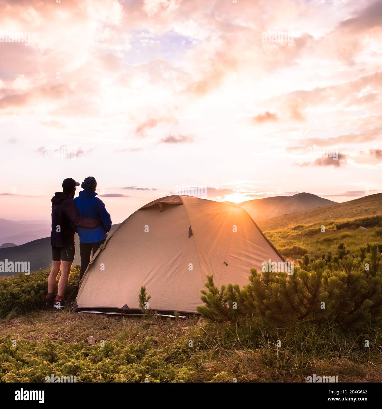Camping and couple on the top of high mountains Tatry Stock Photo