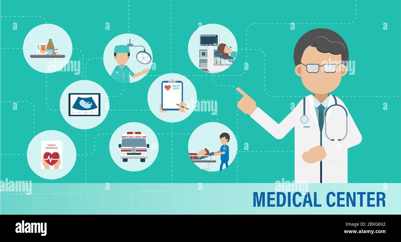 Medical center infographic with doctors and icons flat design vector