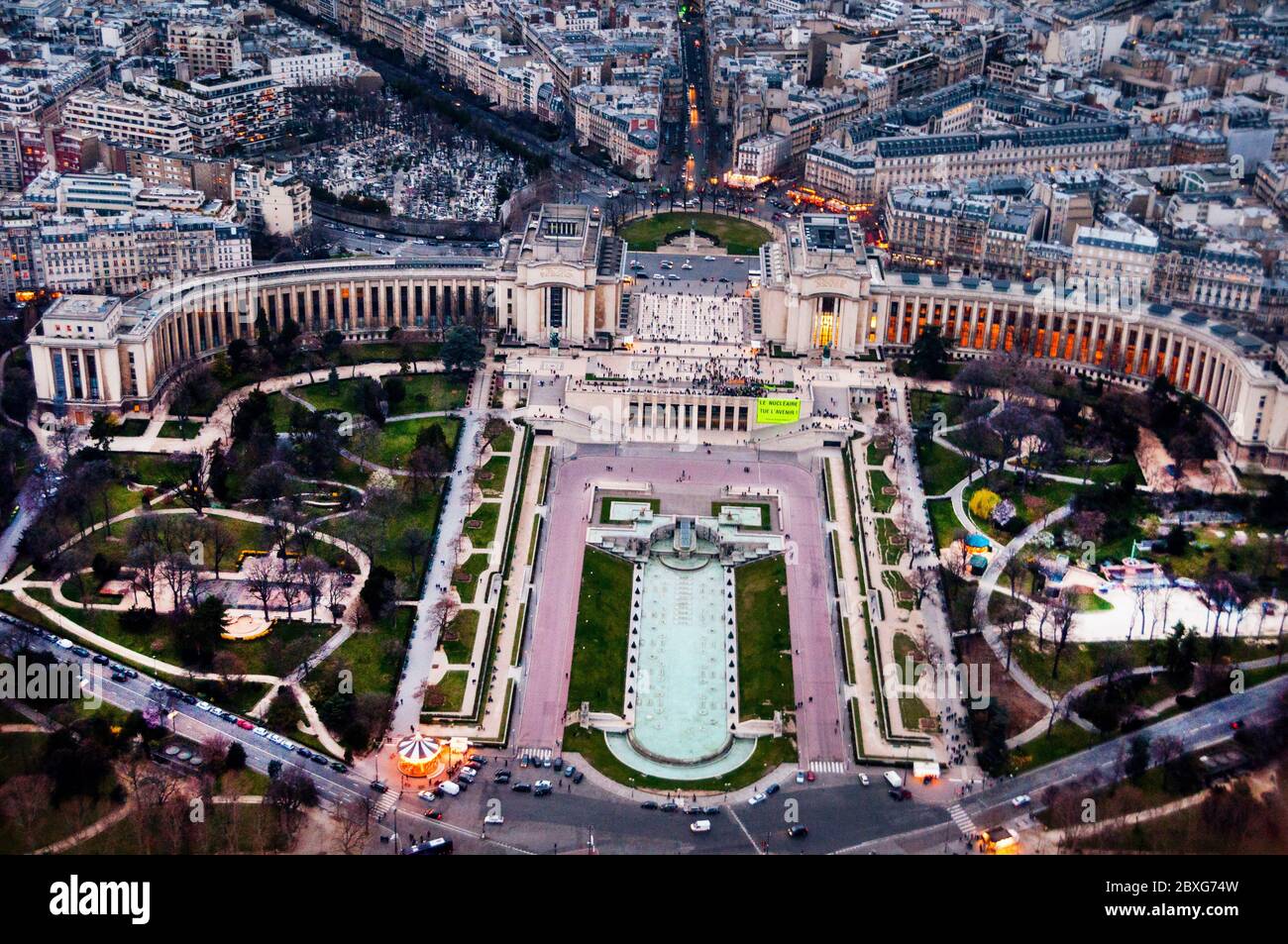 View from the Eiffel Tower of the Gardens of the Trocadero and Palais de Chaillot and a carousel in Paris, France. Stock Photo