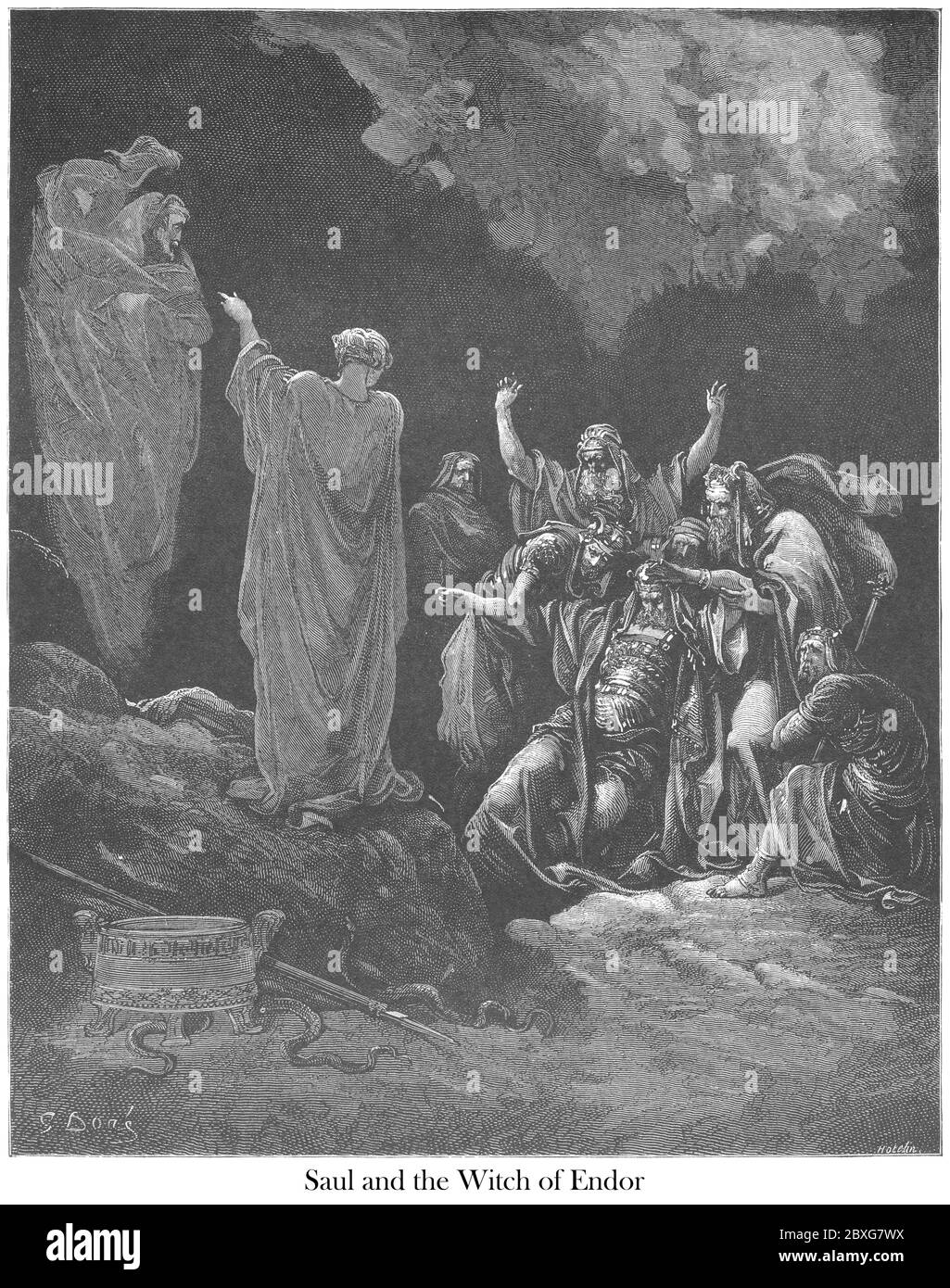 Saul and the Witch of Endor 1 Samuel 28:7 From the book 'Bible Gallery' Illustrated by Gustave Dore with Memoir of Dore and Descriptive Letter-press by Talbot W. Chambers D.D. Published by Cassell & Company Limited in London and simultaneously by Mame in Tours, France in 1866 Stock Photo