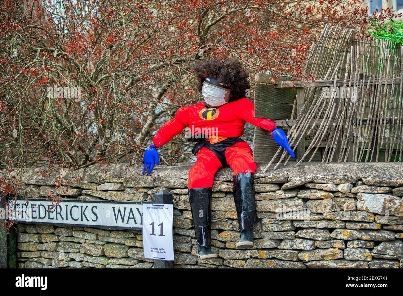Villagers in Burton Wiltshire gets creative with a scarecrow trial during the coronavirus pandemic Burton Chippenham Wiltshire June 2020 Stock Photo