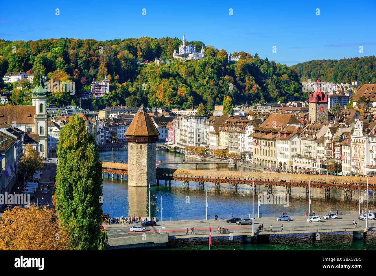 Lucerne city, Switzerland, aerial view of wooden Chapel bridge and of historical Old town famous for its medieval architecture Stock Photo
