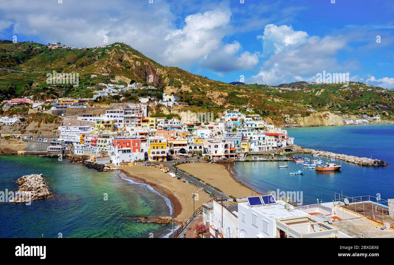 Beautiful village Sant'Angelo on Ischia island, Naples, Italy, is a popular tourist resort famous for its sand beaches and traditional mediterranean l Stock Photo