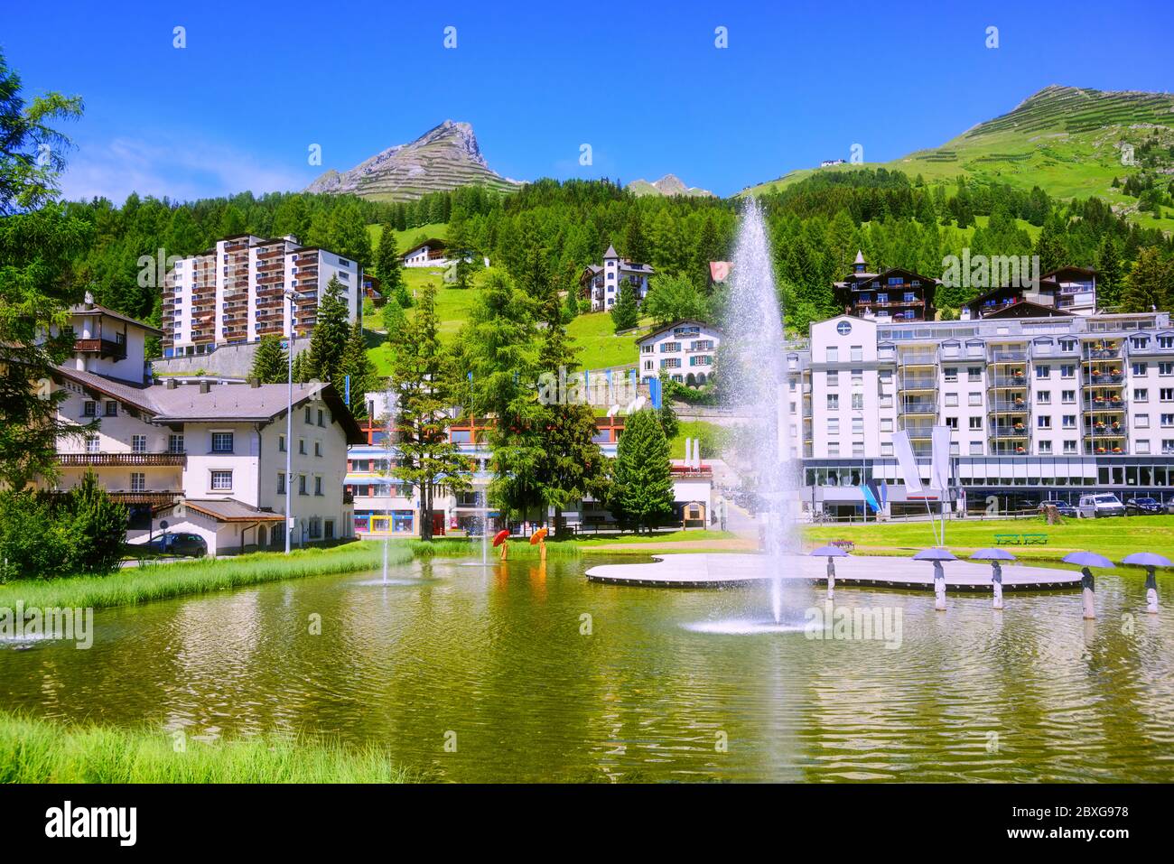 Davos city center, Switzerland, a popular tourist destination in swiss Alps mountains Stock Photo