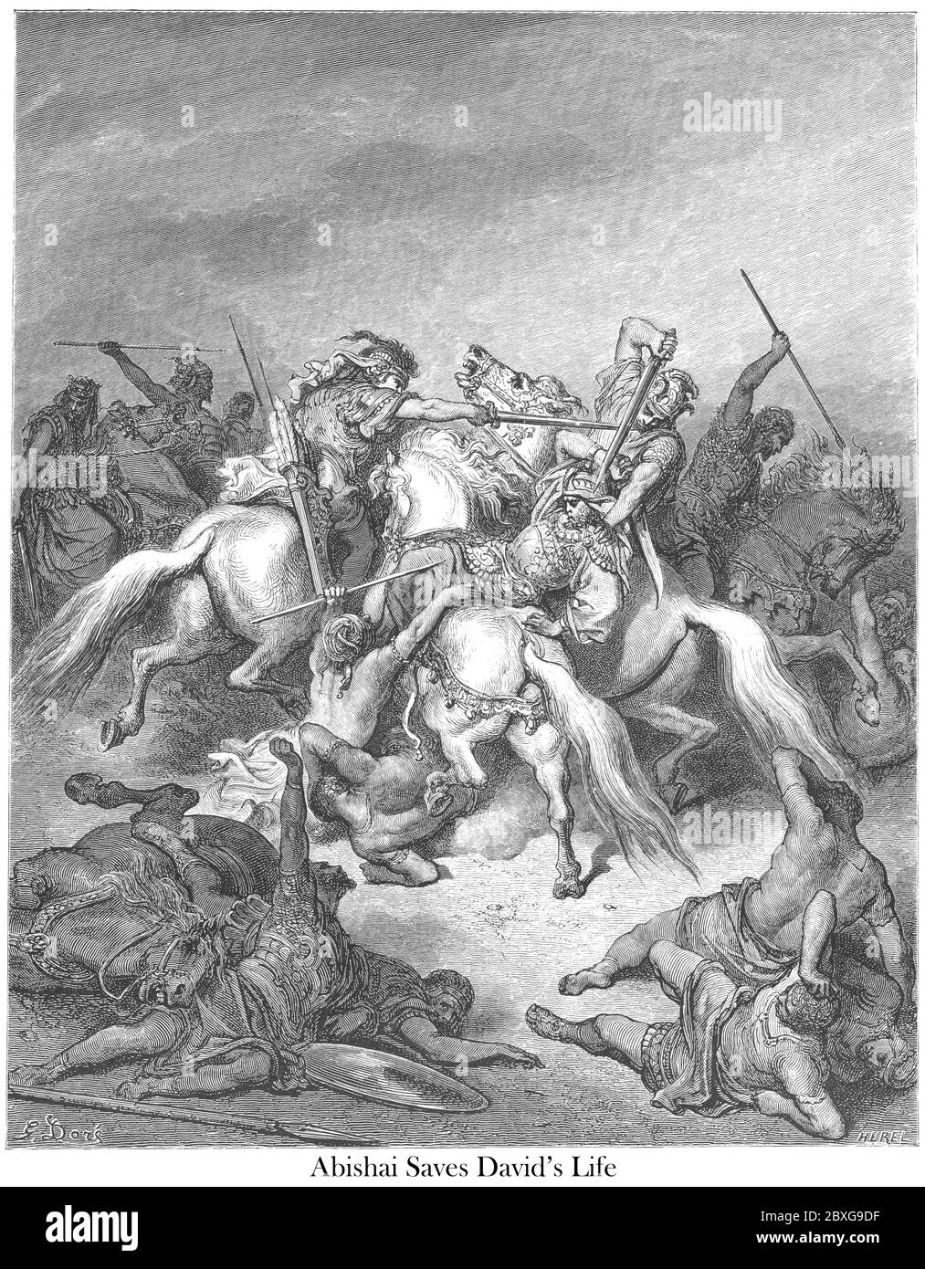 Abishai Saves the Life of David 2 Samuel 21:17 From the book 'Bible Gallery' Illustrated by Gustave Dore with Memoir of Dore and Descriptive Letter-press by Talbot W. Chambers D.D. Published by Cassell & Company Limited in London and simultaneously by Mame in Tours, France in 1866 Stock Photo