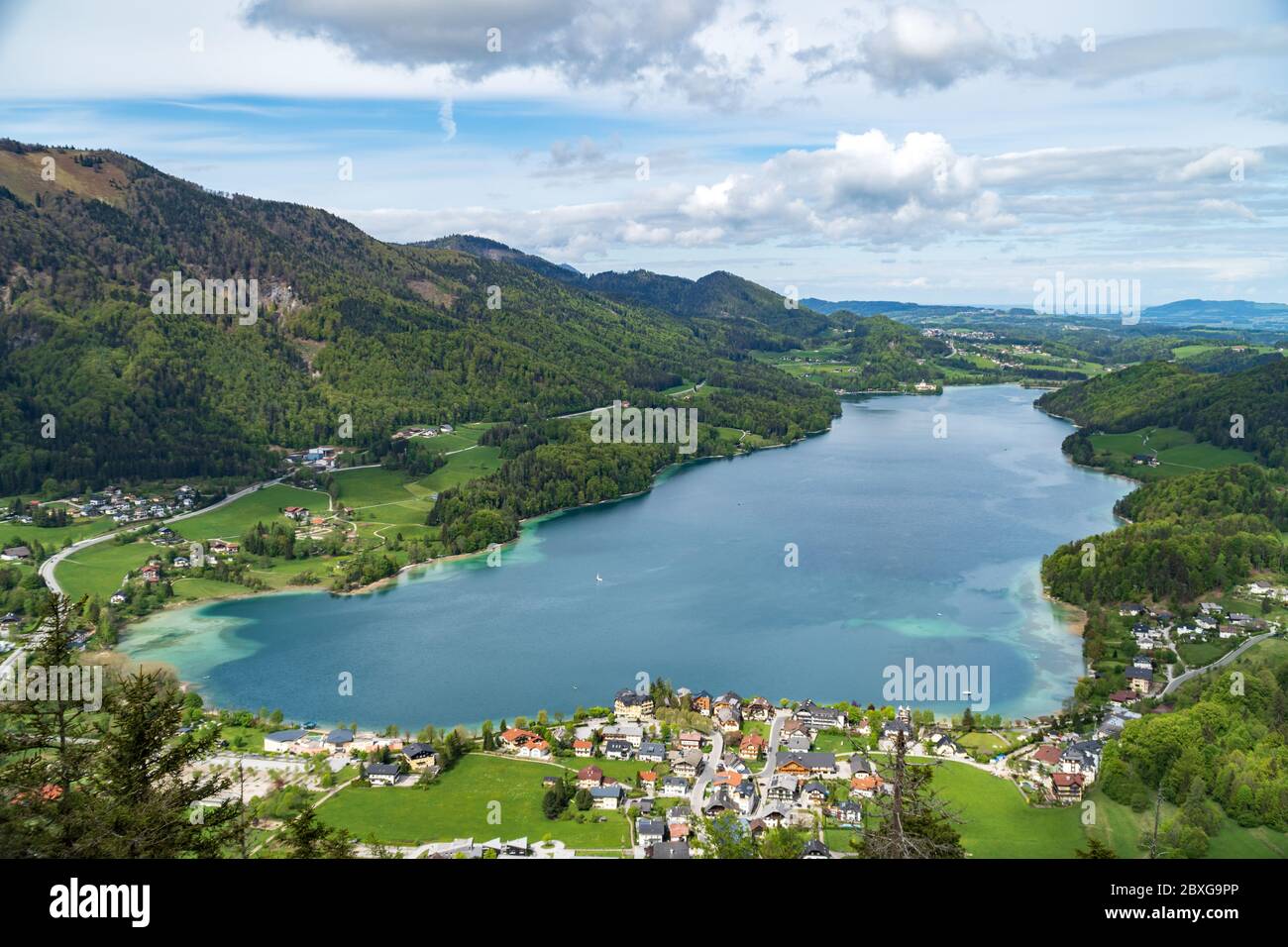Aerial view of Fuschl am See and Lake Fuschl, Salzkammergut, Salzburg, Austria Stock Photo