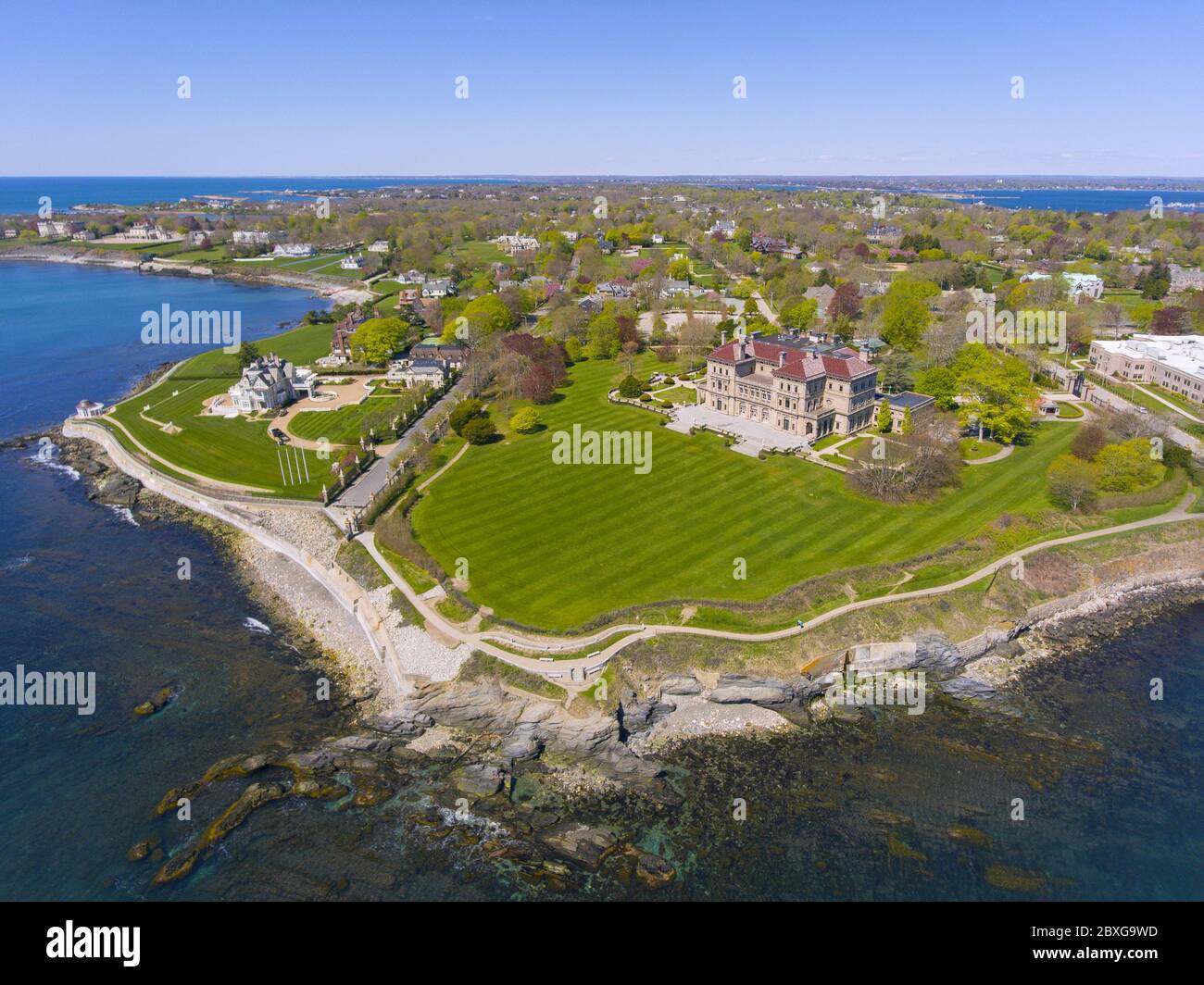 The Breakers and Cliff Walk aerial view at Newport, Rhode Island RI