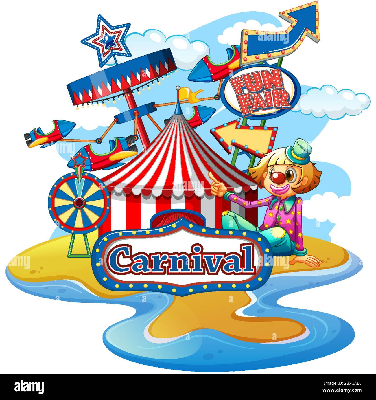 Scene with happy clown at carnival on white background illustration ...