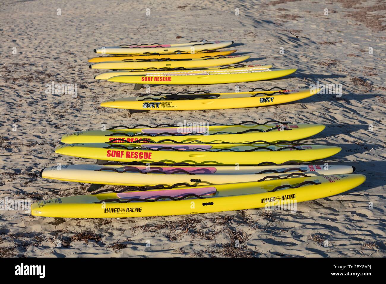 Busselton Western Australia November 9th 2019 : Busselton Surf Lifesaving club surfboards on the beach Stock Photo