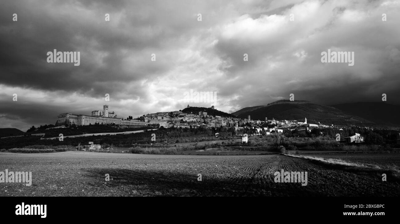 Walled town of Assisi, Italy as seen from below Stock Photo
