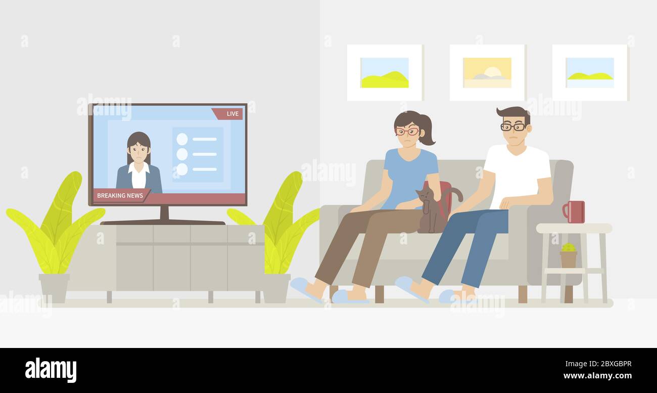 Woman, man and cat sitting on sofa and watching breaking news on smart tv in cozy living room with news reporter on screen in flat cartoon style Stock Vector