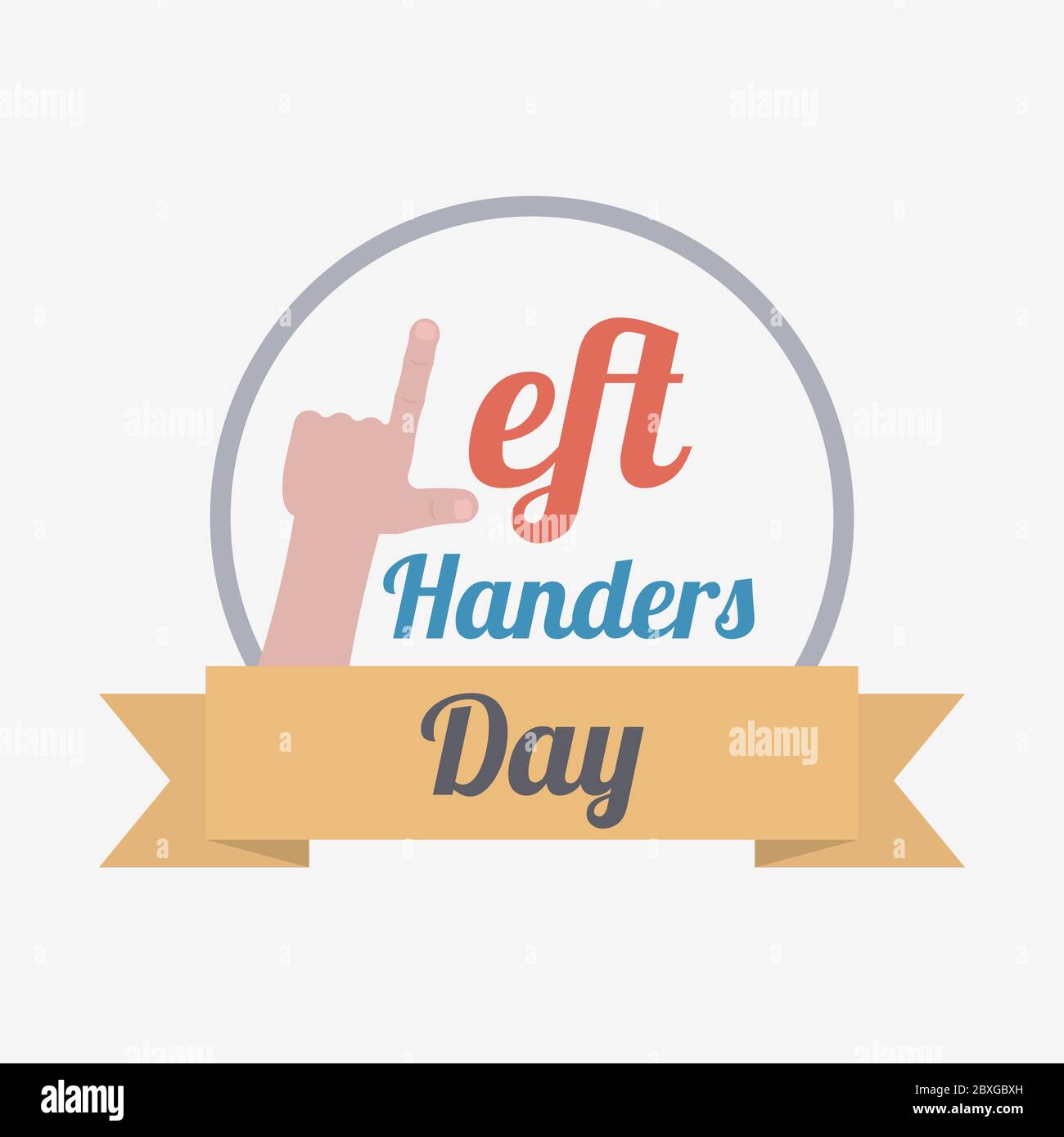 Left hand with index finger and thumb as letter L for left handers day greeting card with ribbon and frame in flat cartoon style Stock Vector