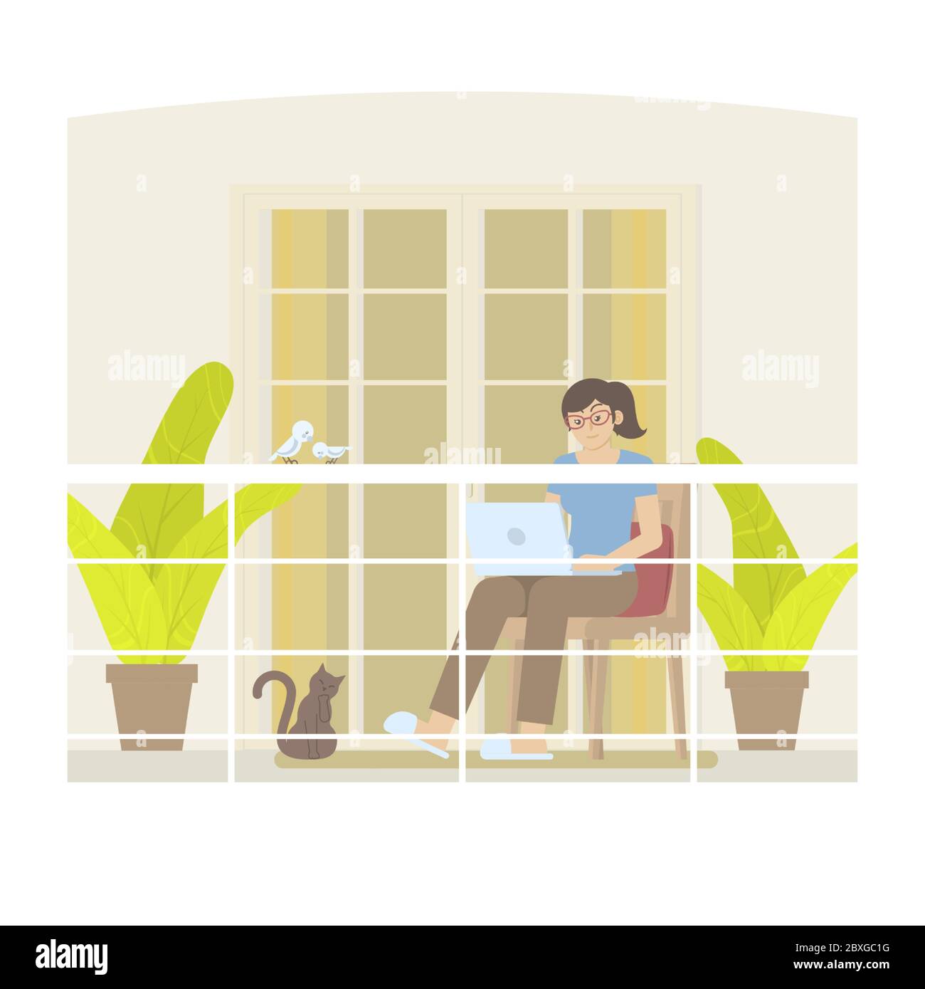 Young woman in casual clothing working at home with laptop computer on balcony with railing, door, curtain, pillow, plant, cat and birds in flat carto Stock Vector