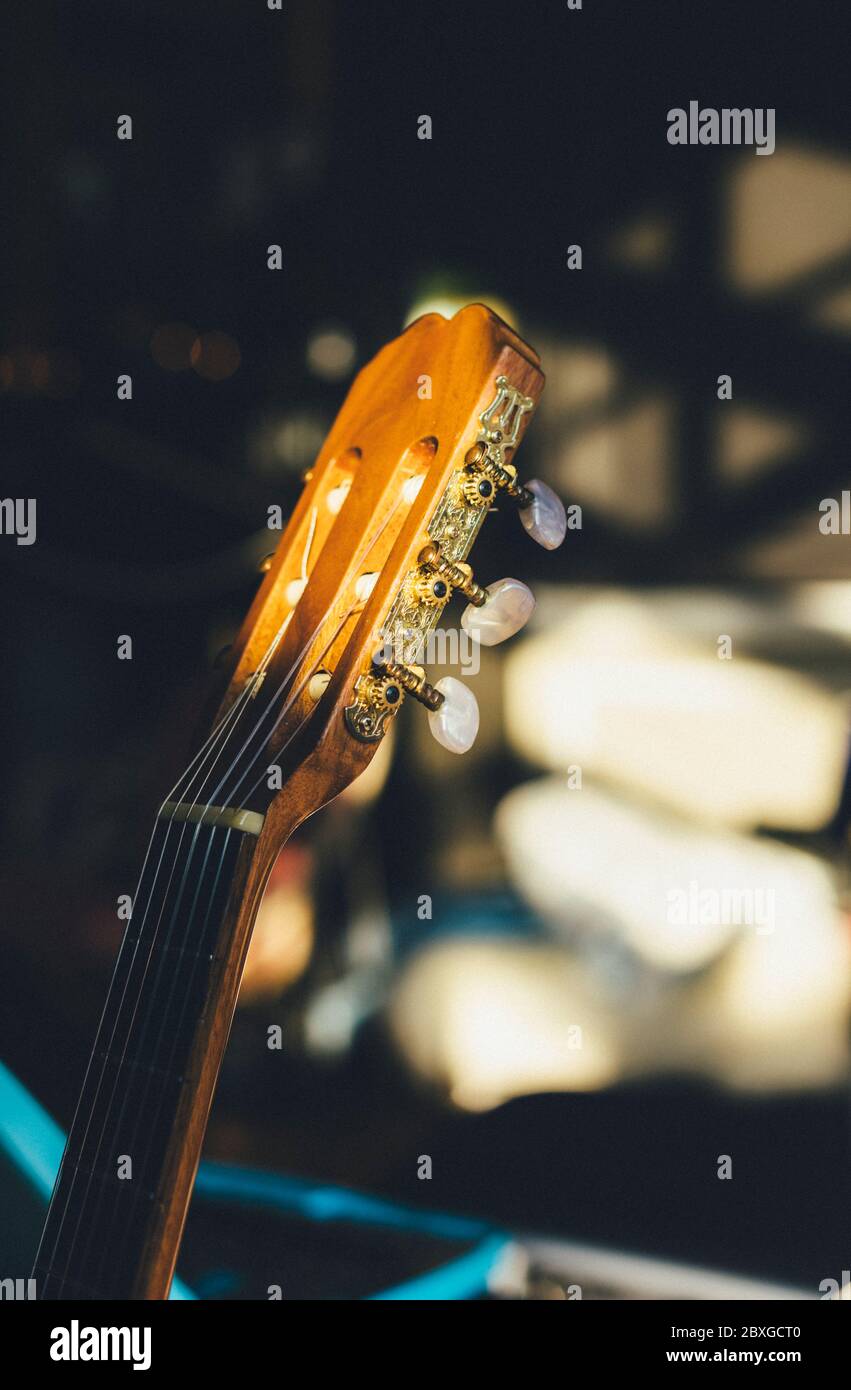 Close-up of a guitar in the sunlight Stock Photo