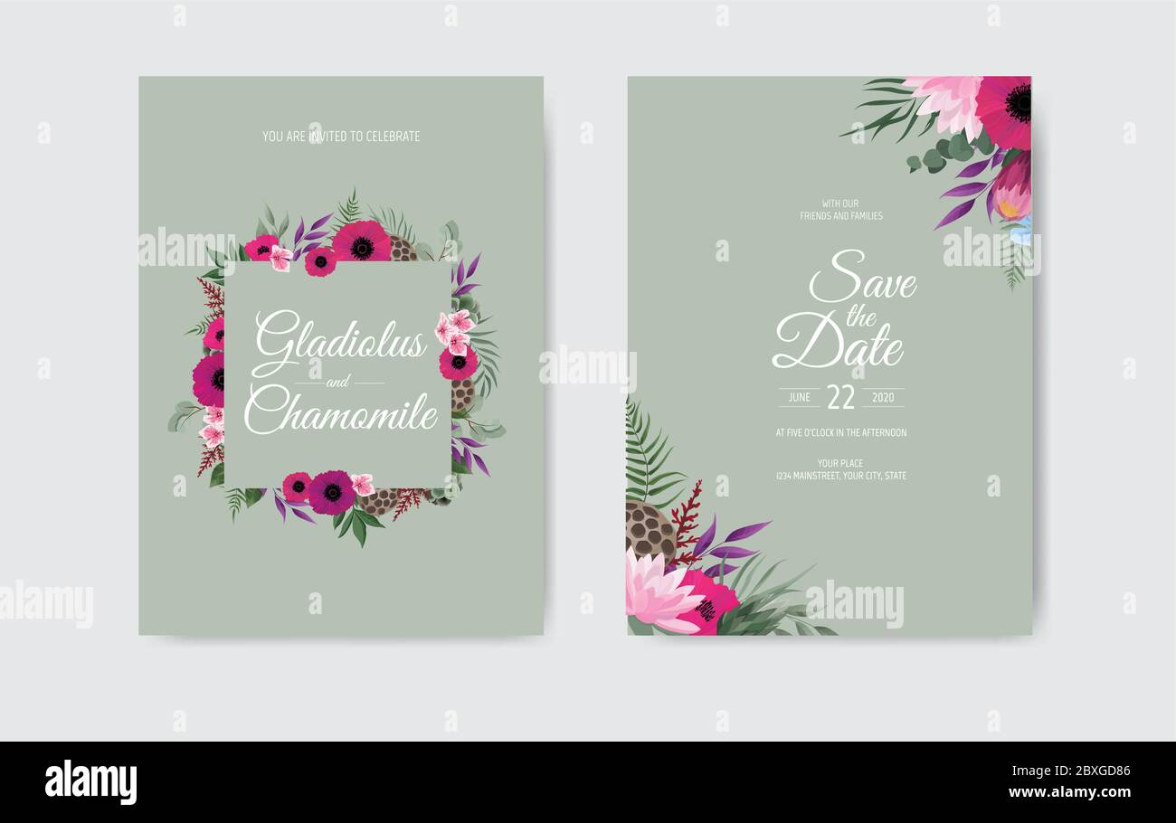 Botanical wedding invitation card template design, white and pink ...