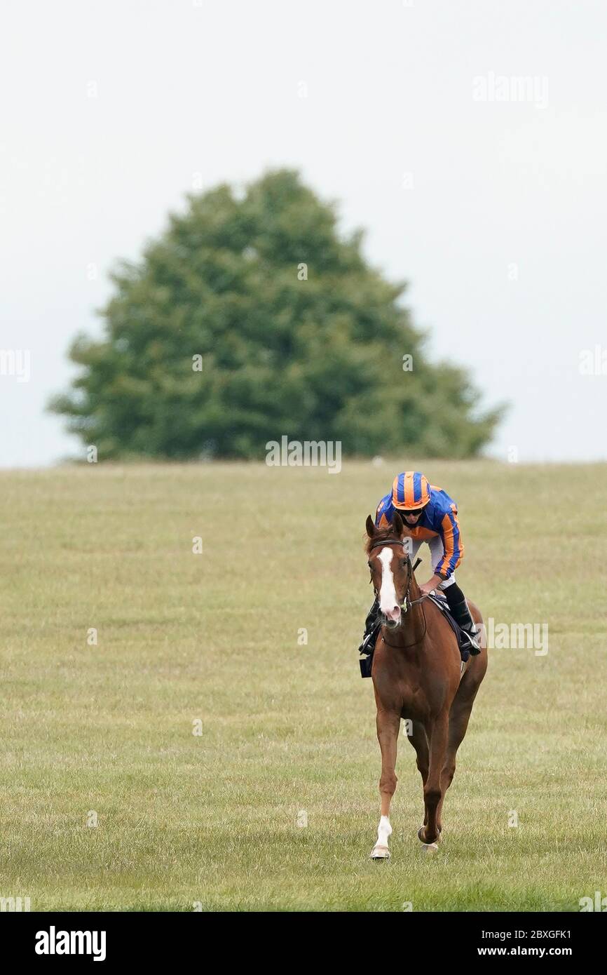 Ryan Moore riding Love return after winning The Qipco 1000 Guineas Stakes at Newmarket Racecourse. Stock Photo