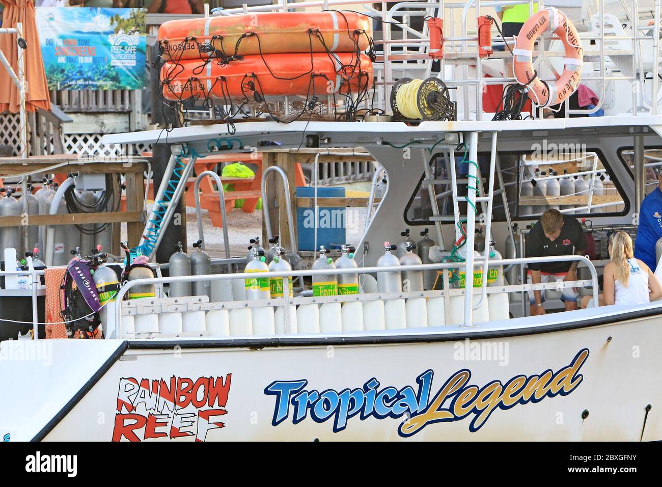 Key Largo, FL, 3/21/2020: Scuba diving boat is in the process of getting ready to take divers out. Stock Photo