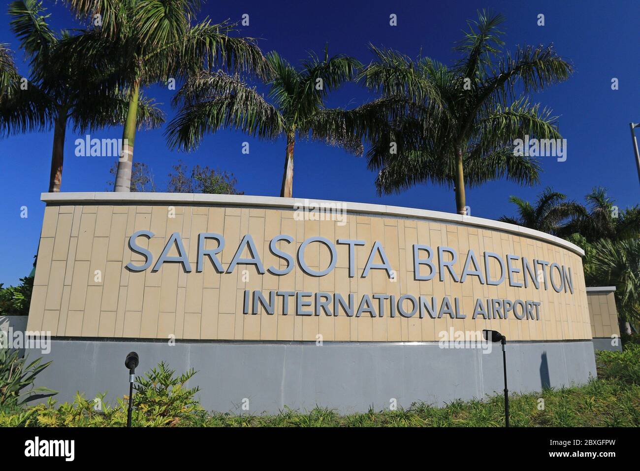 Sarasota, FL, 3/28/2020: Sarasota Bradenton international airport sign marks the entrance to the airport's grounds. Stock Photo