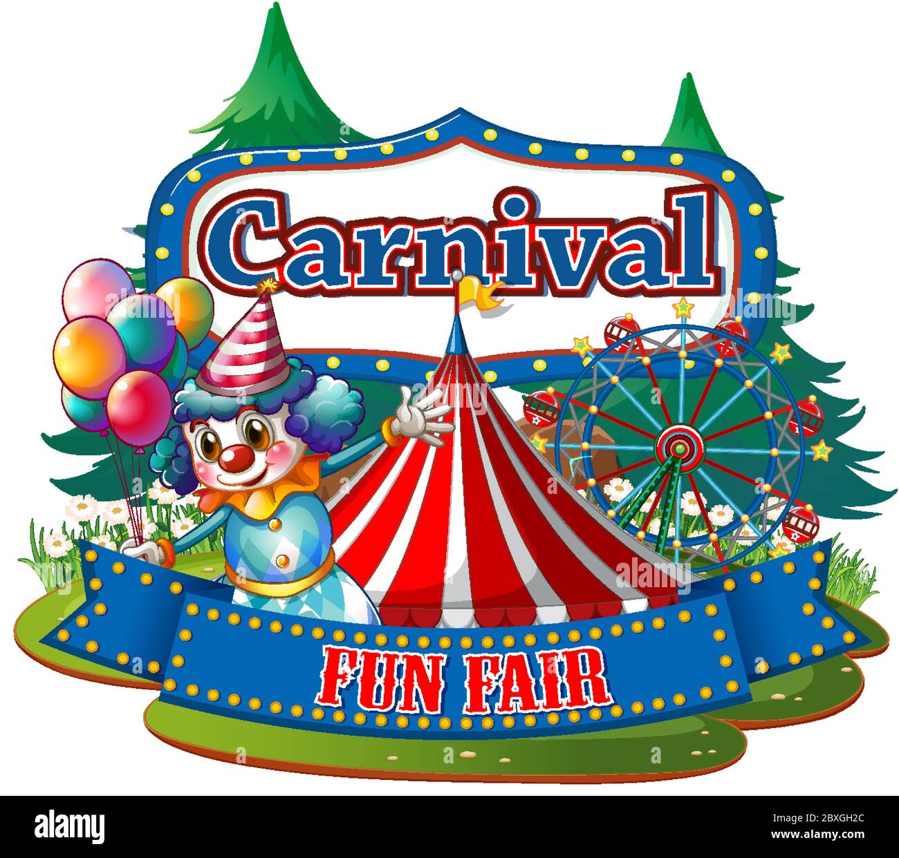 Scene with clown at the carnival on white background illustration Stock ...