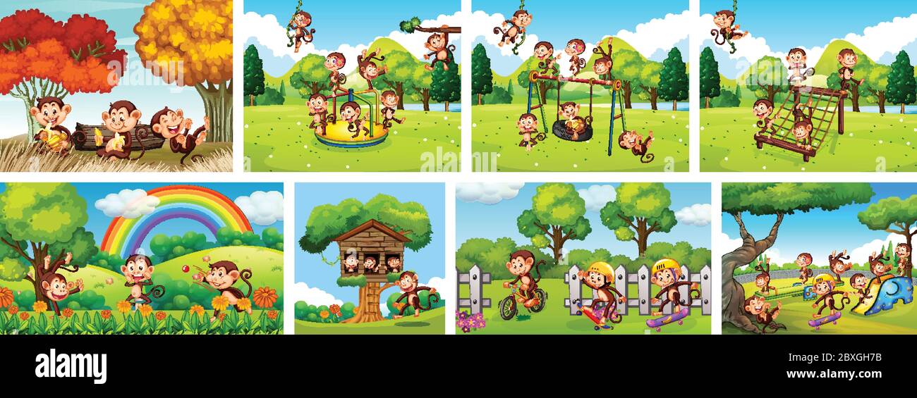 Set of monkey in playground background illustration Stock Vector Image