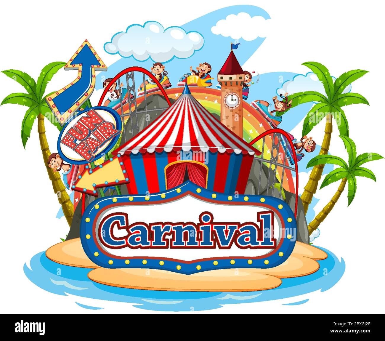Scene with monkeys having fun at the carnival on white background illustration Stock Vector