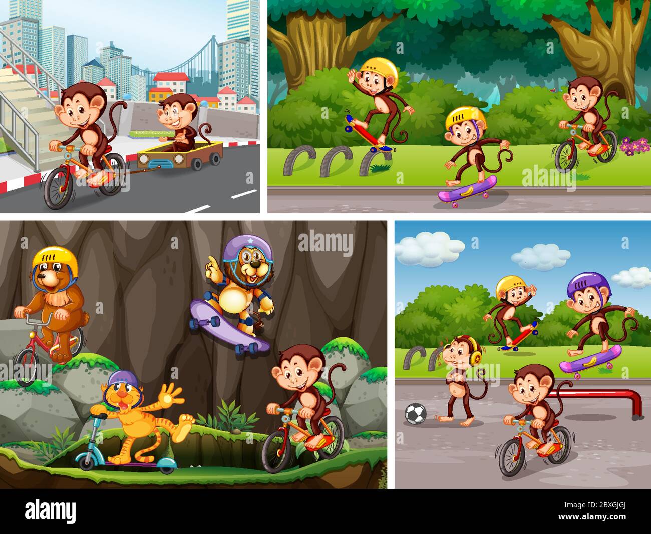 Set of animal playing in different background illustration Stock Vector ...