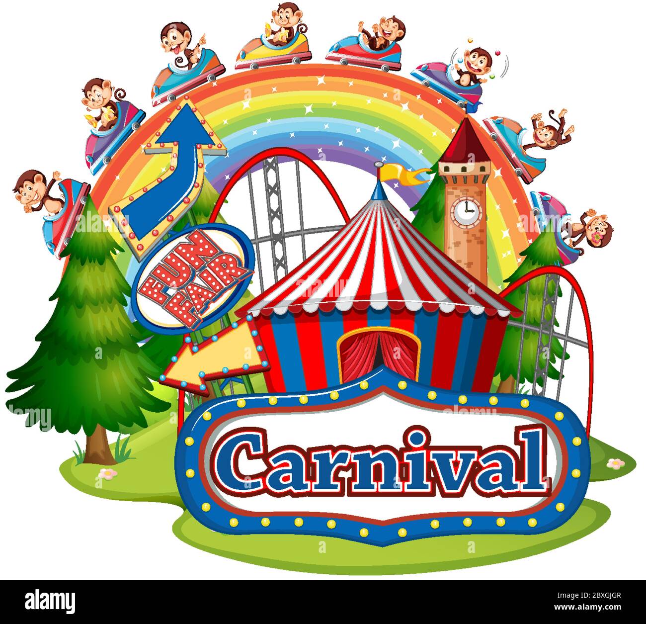 Scene with monkeys riding at the carnival on white background illustration Stock Vector Image