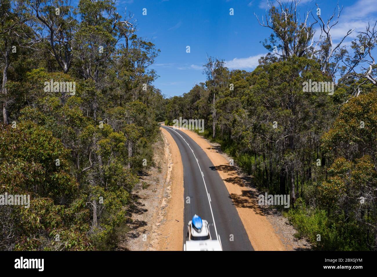 Aerial view of a road through the Nannup State forest in Western Australia Stock Photo