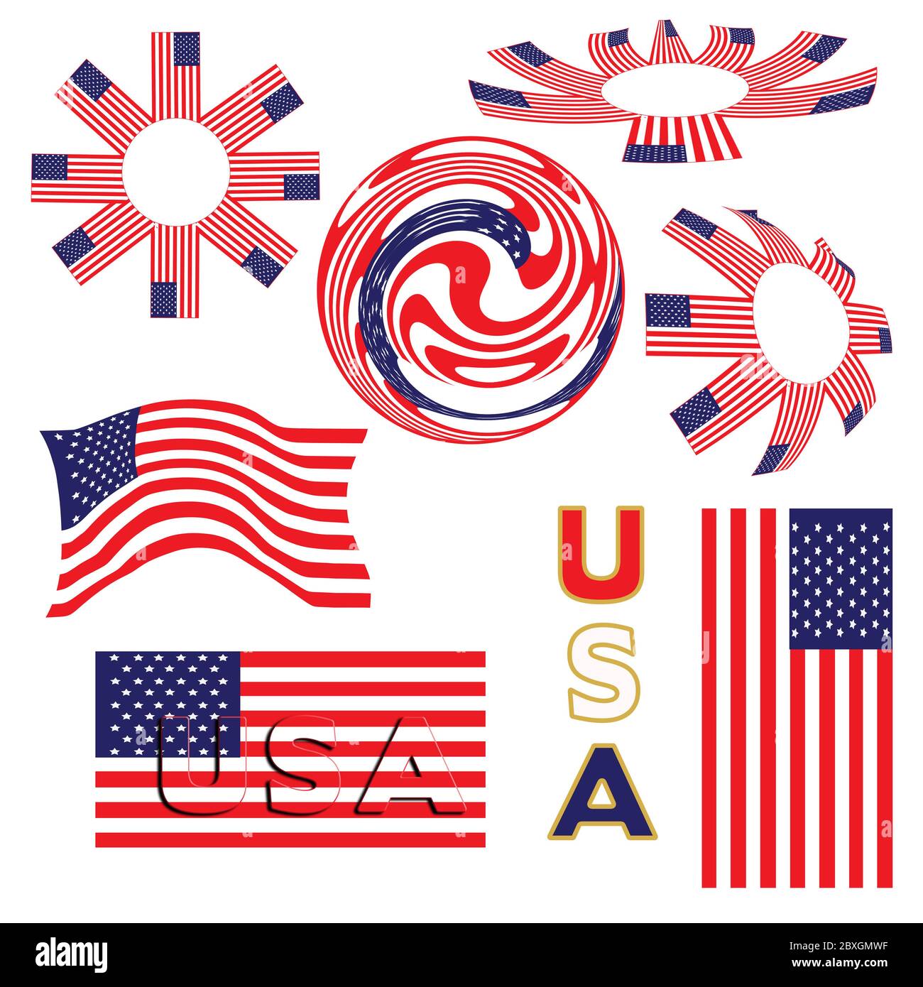An assortment of graphic American Flags in different formats including abstract.  All isolated on white background Stock Photo