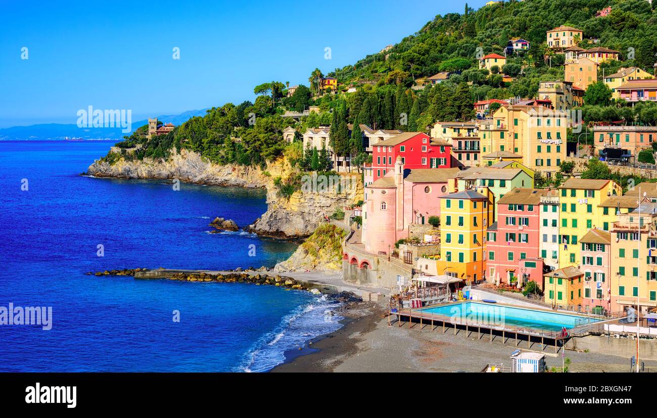 Mediterranean sea coast and traditional colorful buildings in Sori town, Genoa, Ligury, Italy Stock Photo