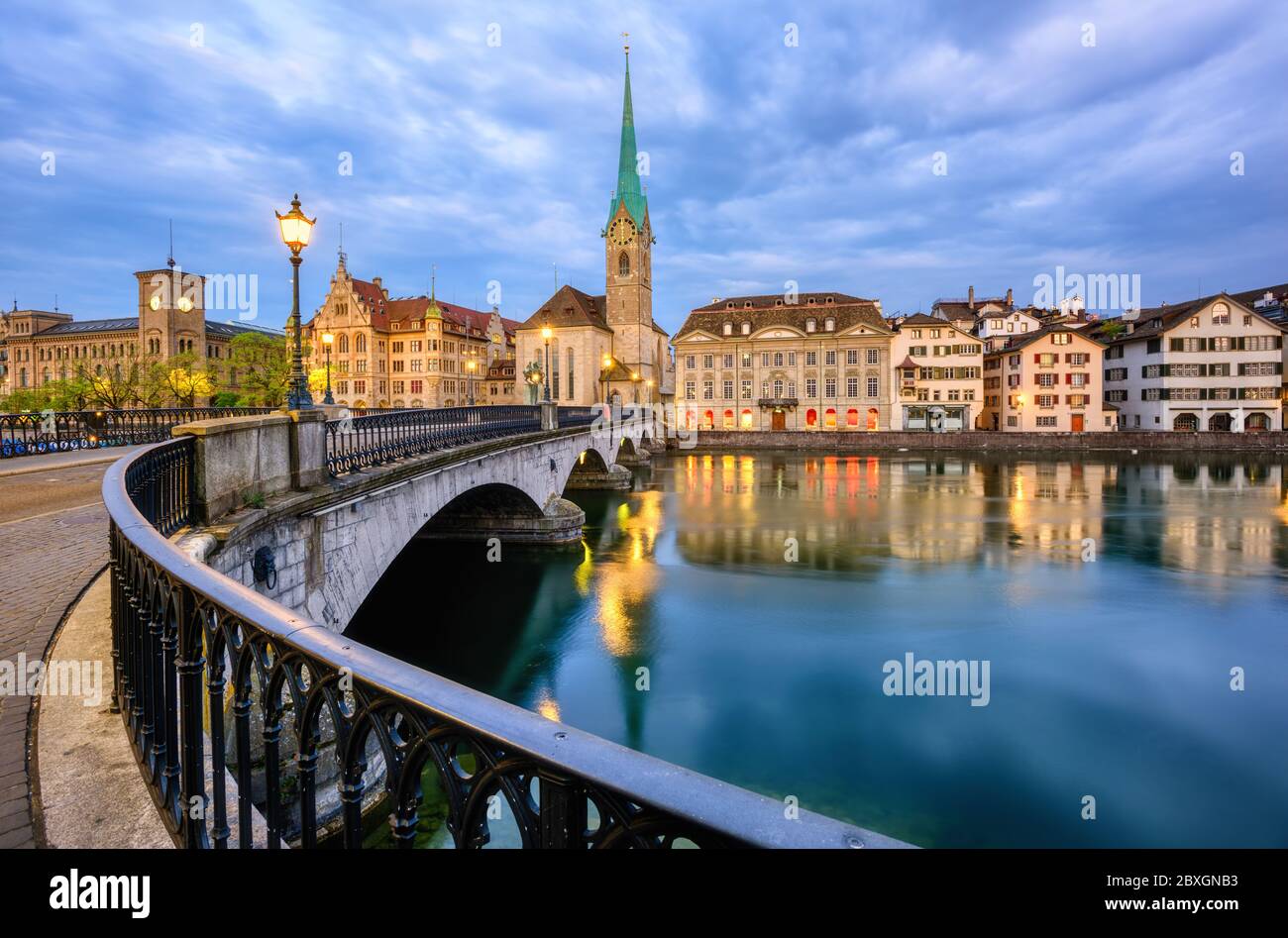 Zurich historical city center, Fraumunster church and bridge over Limmat river, Switzerland Stock Photo