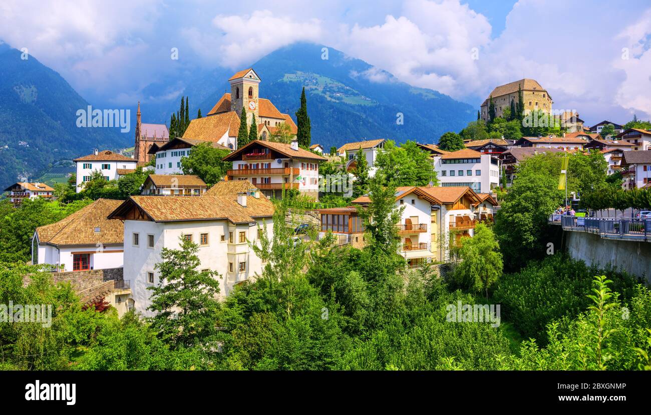 Picturesque Old town of Schenna (Scena) in Merano, Italy, a popular travel destination in South Tyrol Alps mountains Stock Photo