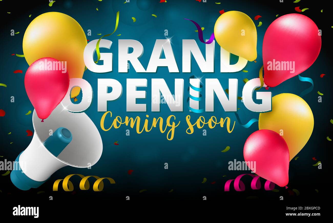 Grand Opening Event Invitation Banner Or Poster Design Template Vector Illustration Of Megaphone Air Balloons And Confetti Perfect To Use For Adver Stock Vector Image Art Alamy