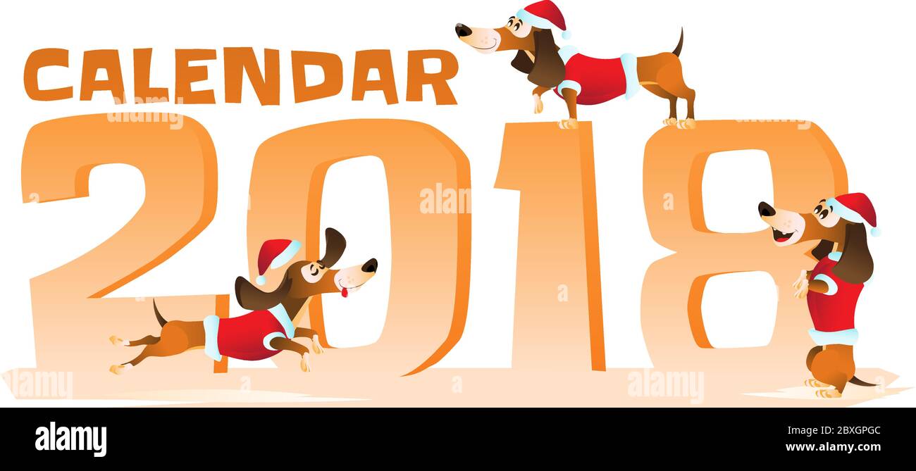 Cartoon brown dachshund in Santa's hat and red jacket in different ...