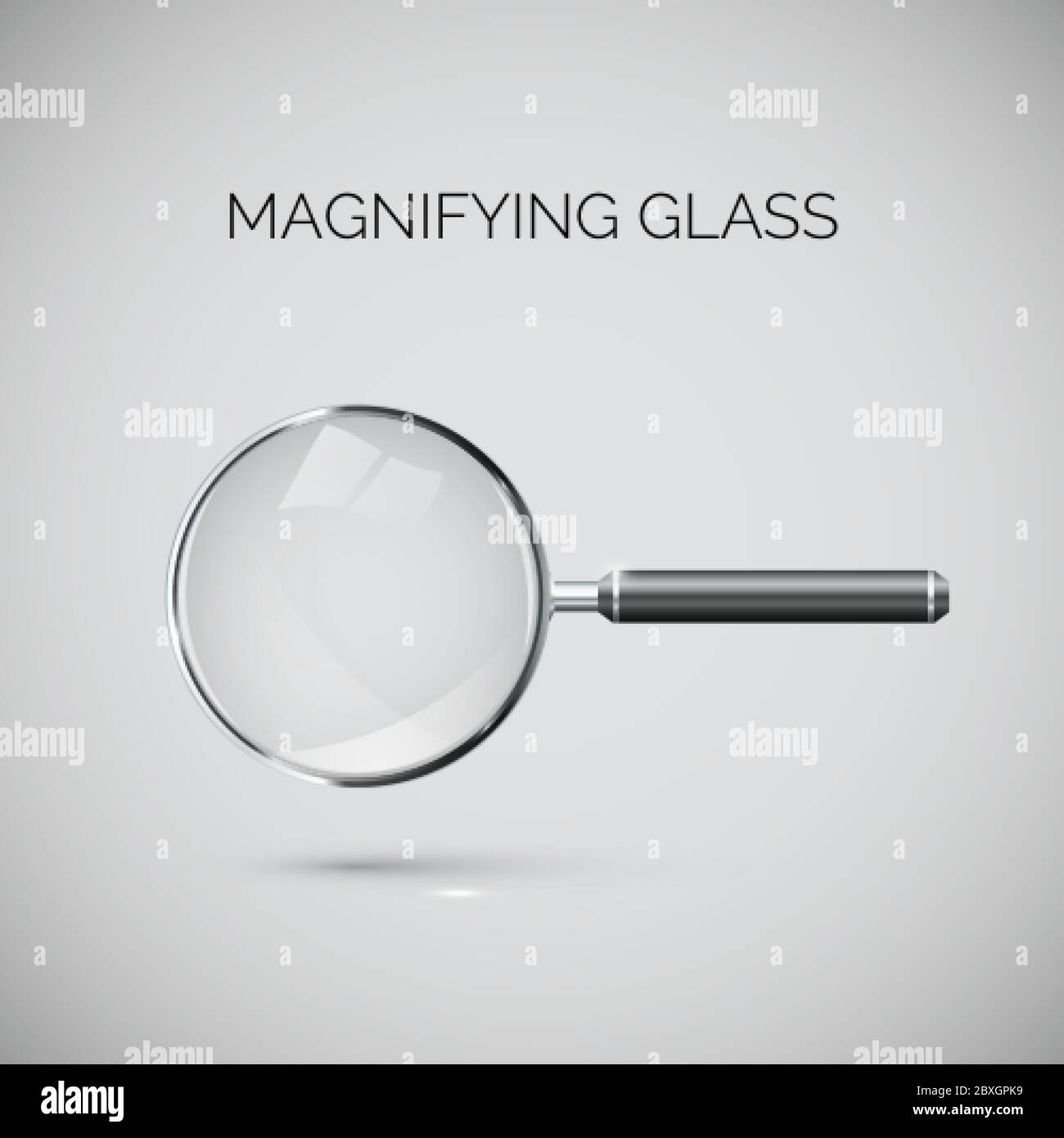 Magnifying glass with metal frame and black handle. Realistic style illustration. Vector Stock Vector