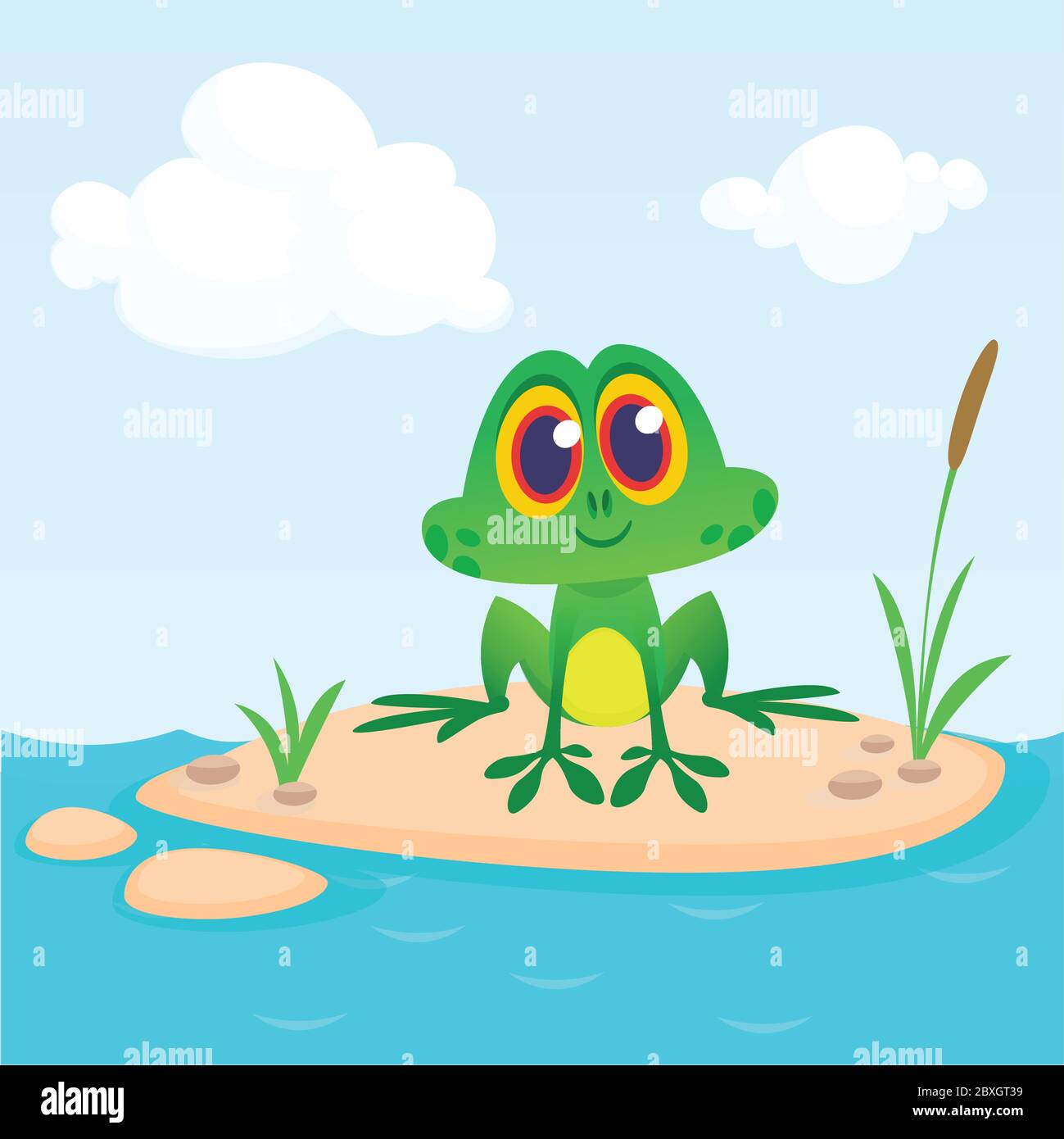 Frog Cartoon Character sitting on the ground in the middle of river or
