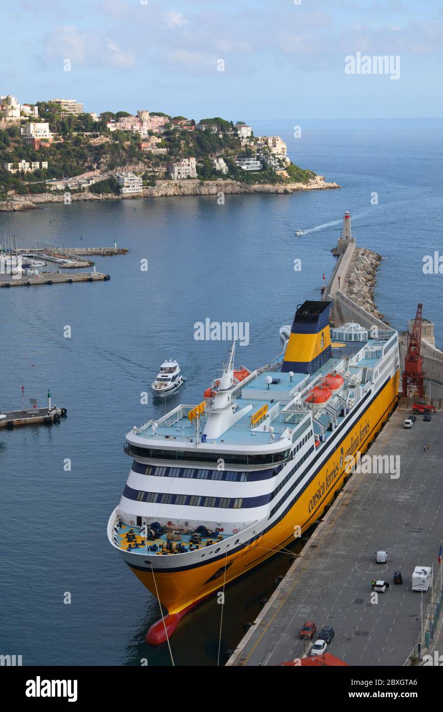 Nice, France September 27, 2019 Corsica ferries ship in the Lympia port of Nice. Nice is the