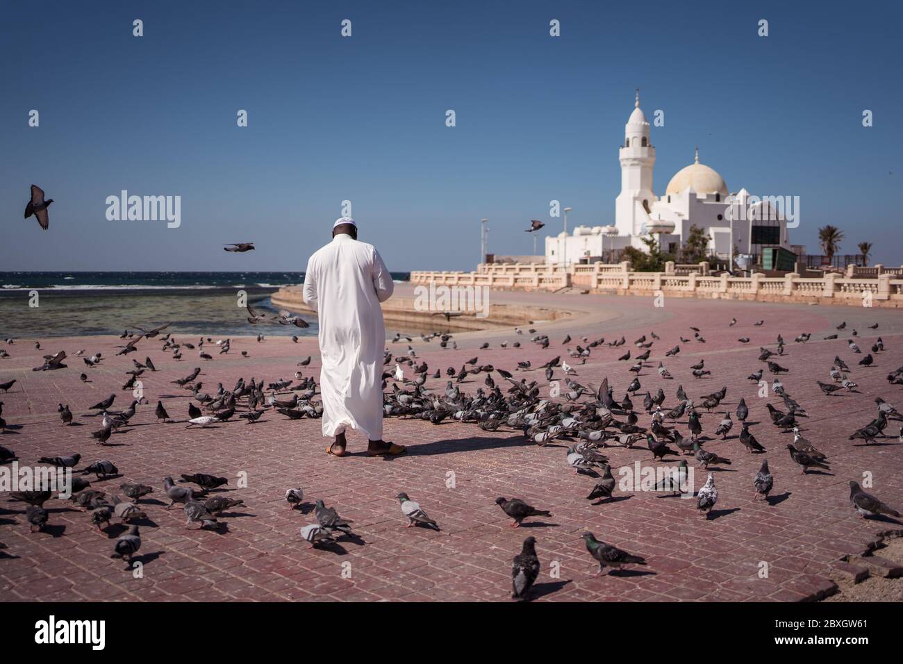 Jeddah / Saudi Arabia - January 20, 2020: Muslim believers feeding pigeons near beautiful Mosque near the sea Stock Photo