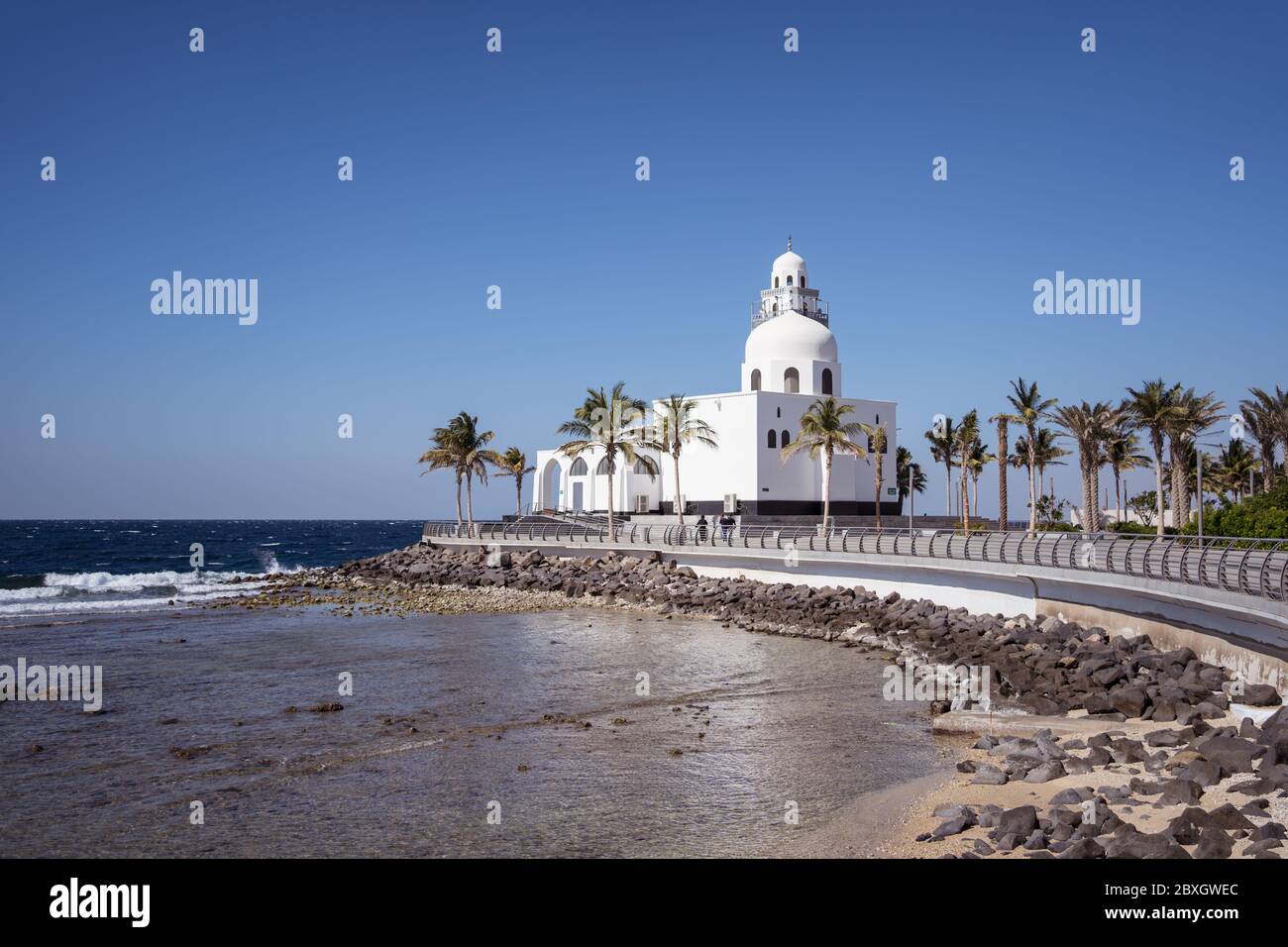 Jeddah / Saudi Arabia - January 20, 2020: Beautiful Mosque with palm trees near the sea Stock Photo