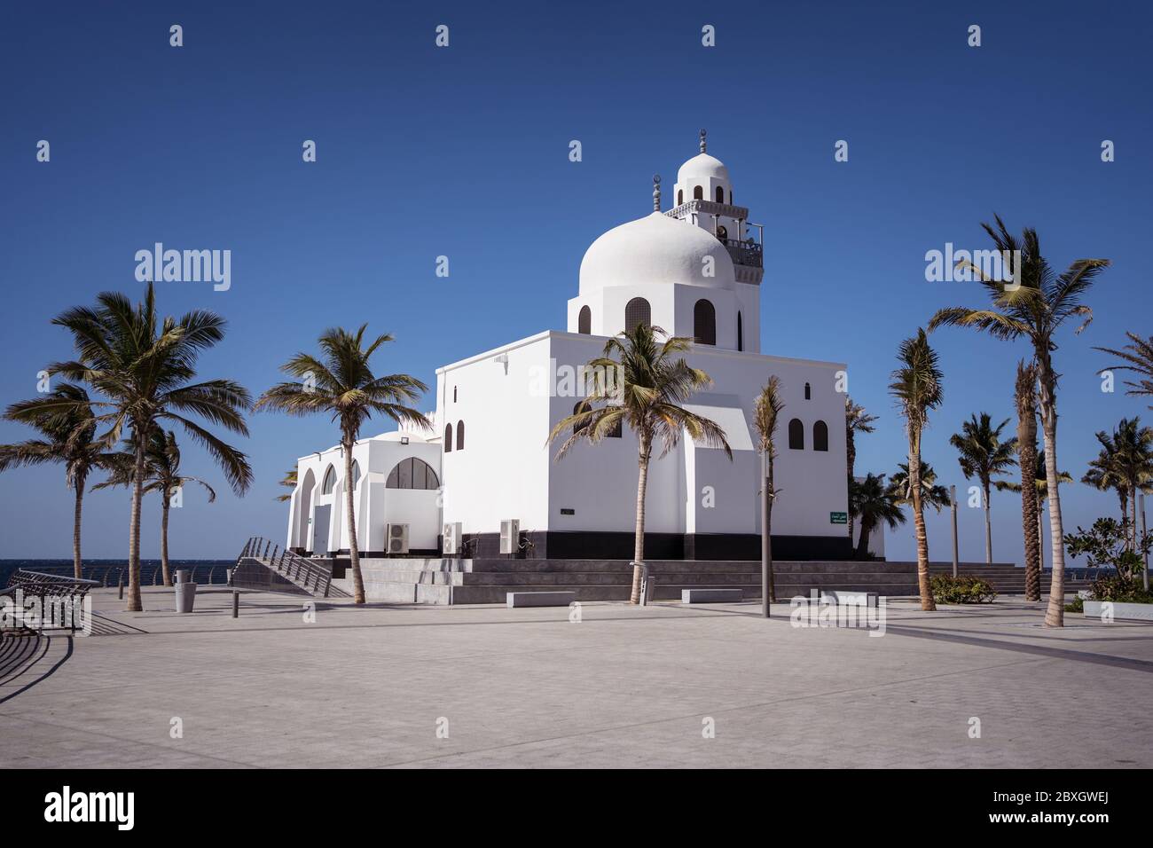 Jeddah / Saudi Arabia - January 20, 2020: Beautiful Mosque with palm trees near the sea Stock Photo