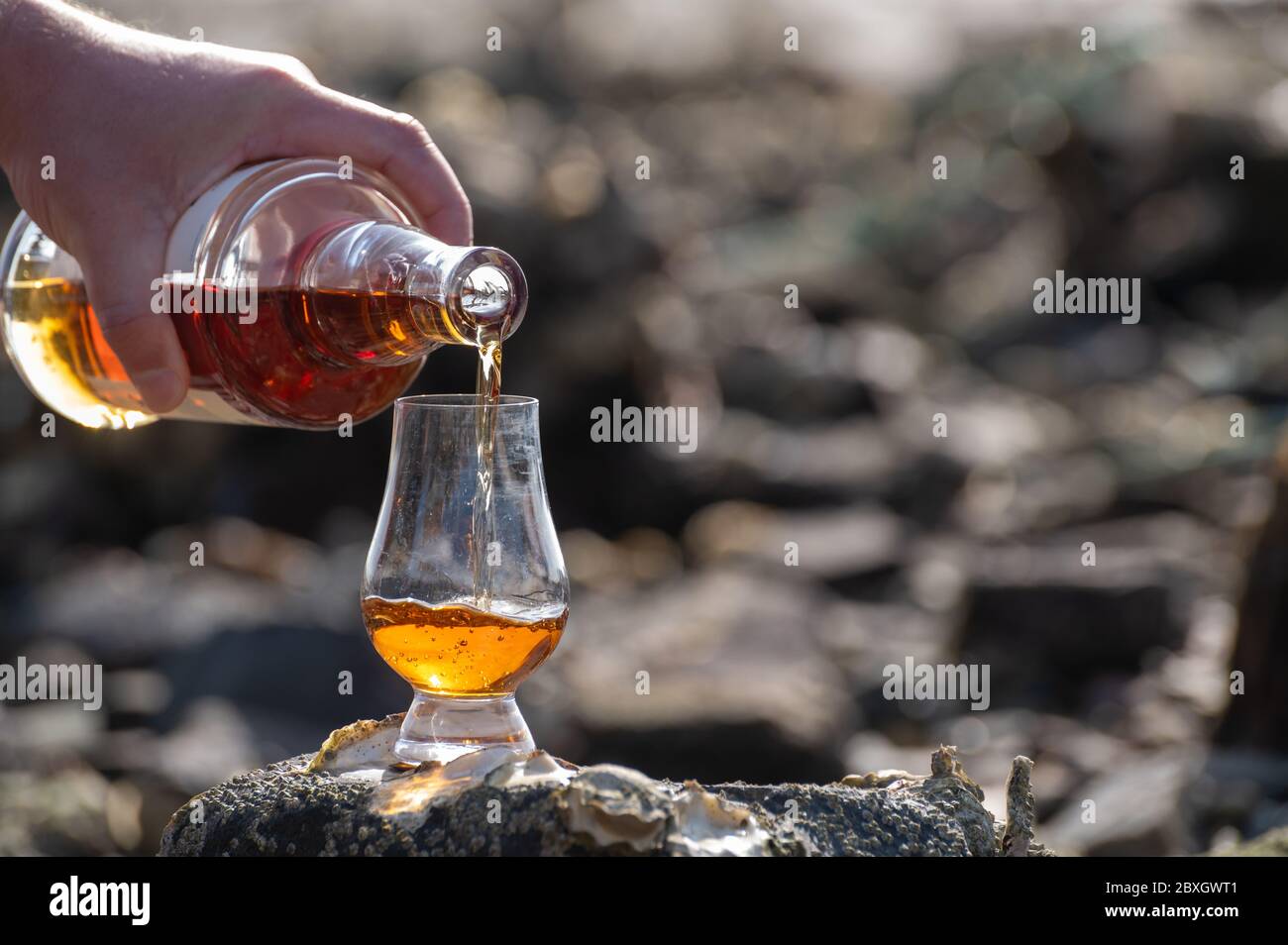 Pouring of Scotch whisky in tasting glass in sunny day Stock Photo