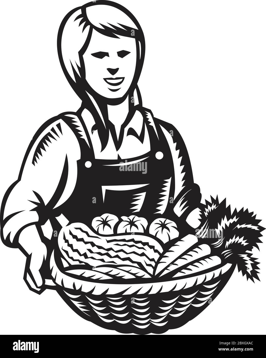 Illustration of female organic farmer with basket of crop produce ...
