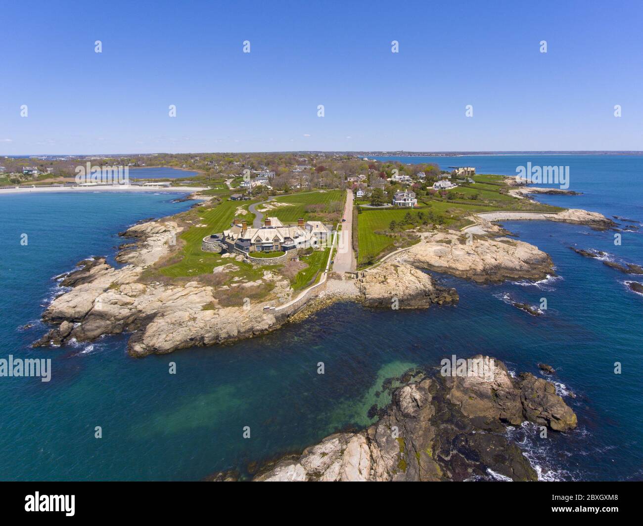 Historic mansion the Waves aerial view at 61 Ledge Road at Newport