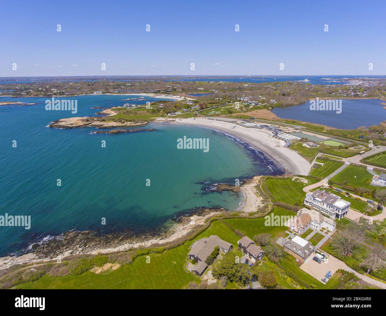 Aerial view of Bailey Beach at the end of Cliff Walk in city of Newport