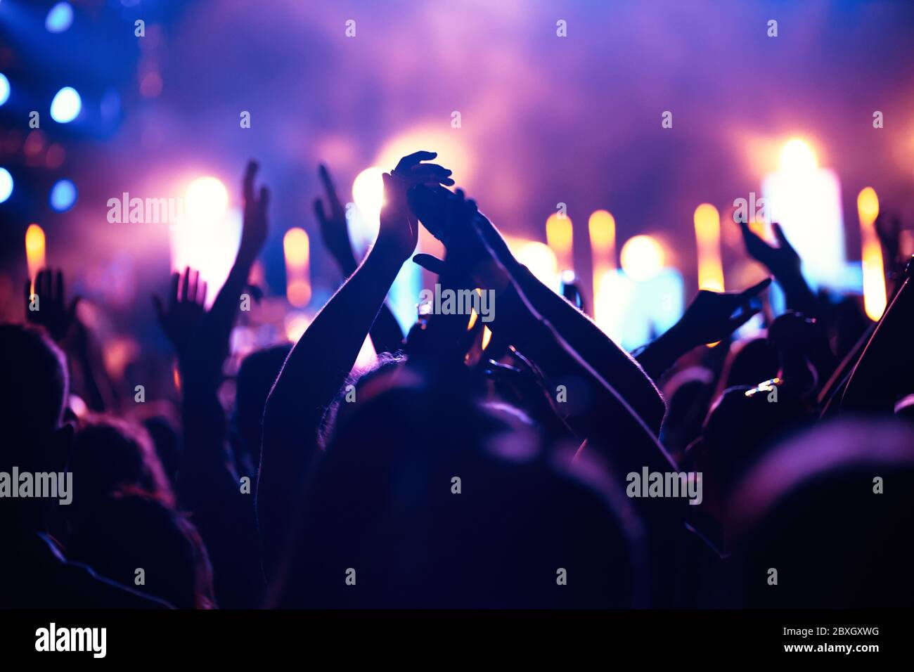 Cheering crowd with hands in air at music festival Stock Photo - Alamy